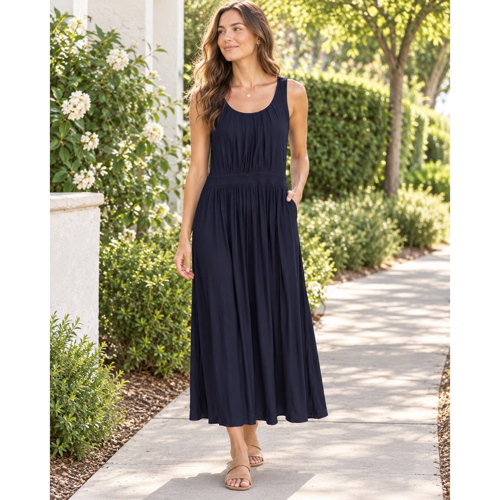 Boden Womens Navy Blue Pleated Sleeveless Midi Dress Pockets J0206 US 6R